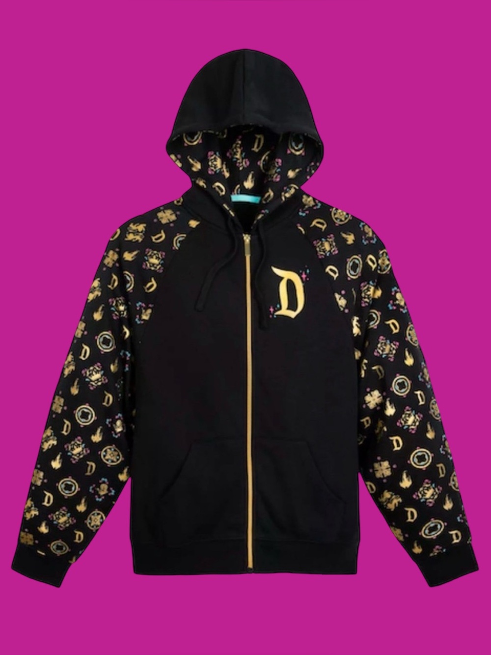 Disneyland exclusive Sleeping Beauty castle black & shiny gold full zip hoodie L